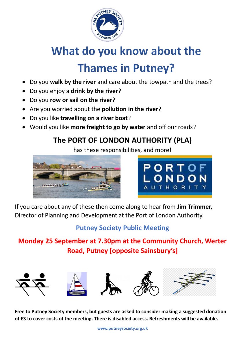 Don't miss this chance to hear from the  @PortOfLondonAuthority - responsibe for all aspects the River Thames from Teddington Lock to the North Sea.
Hope to see you next Monday!