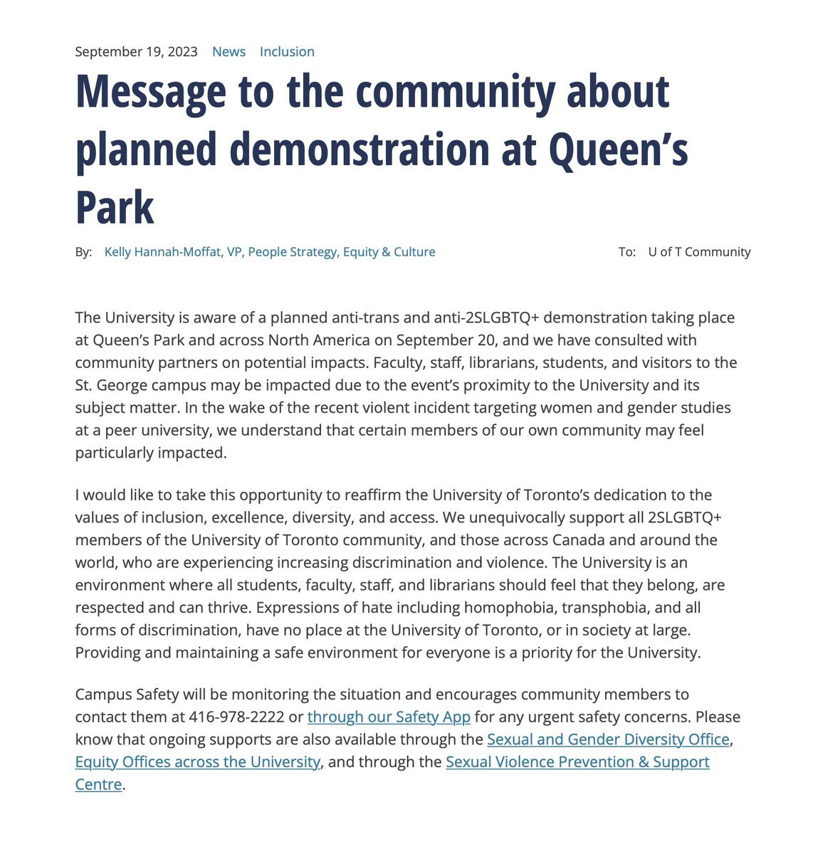 Please read this message from <a href="/workingatuoft/">U of T People Strategy, Equity & Culture</a> about today's planned demonstration at Queen's Park: bit.ly/3ERW5yZ
