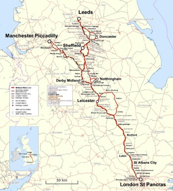 ukinfr's tweet photo. @tomhfh @BrendanChilton Rather than HS2 the Government could have developed the Midland Main Line (shown). It would automatically have linked all these locations to HS1. https://t.co/otUeBOtHDd