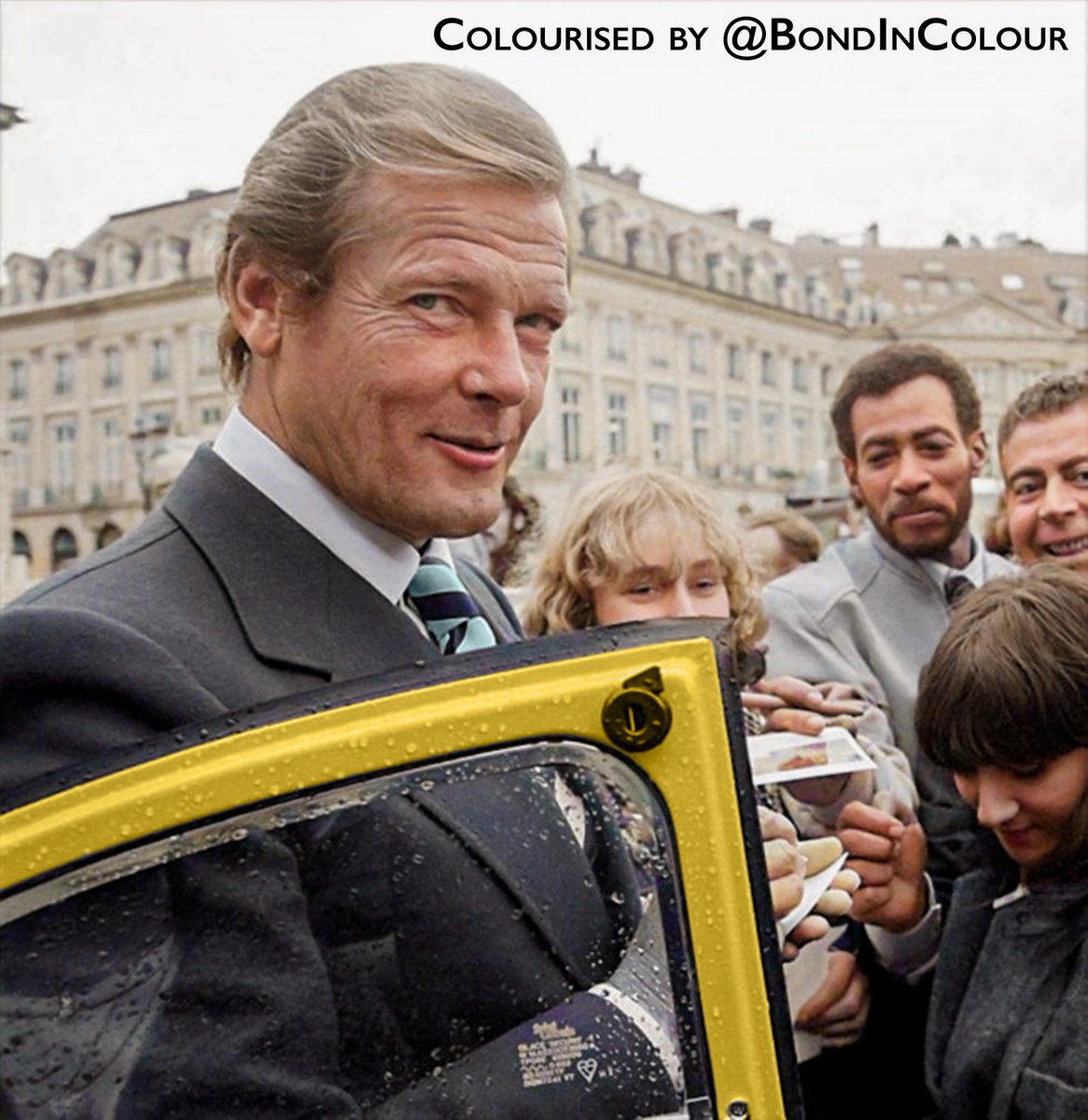 BondinColour's tweet photo. I hear there's royalty in France today. Here's Roger promoting #ForYourEyesOnly in Paris back in 1981. #jamesbond #bond #rogermoore #deoldify https://t.co/w2VkolbUJW