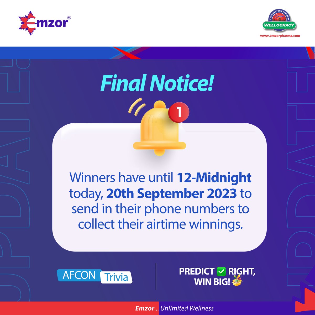 emzornigeria's tweet photo. Winners of the Trivia questions should DM your phones, if they are yet to do so, to collect their airtime winnings
Winners have until 12 midnight.

#EmzorAfconTrivia
#EmzorPredictandWin
#AfconPredictandWin https://t.co/rk3olbfzZy