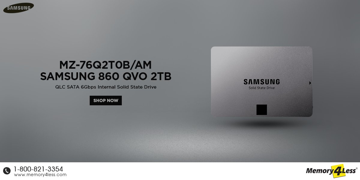 Memory4Less's tweet photo. MZ-76Q2T0B/AM Samsung 860 QVO 2TB QLC SATA 6Gbps Internal #SolidStateDrive

Order online at:  https://t.co/TkLQMgimav

SPECIFICATIONS:
Manufacturer: #Samsung
Part #: MZ-76Q2T0B/AM
Capacity: 2TB
Product: #InternalSolidStateDrive
Drive Interface: SATA 6.0 Gbps

#StorageDevice #SSDs https://t.co/QoQe9q3MgA