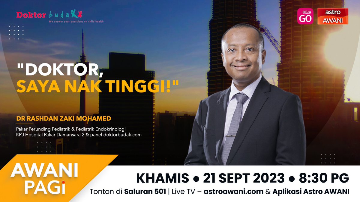 Hi mommy &amp; daddy

Bimbang anak terbantut? Remaja rasa rendah diri sebab ketinggian? Pernah dengar Lionel Messi guna hormon tumbesaran?

Temui saya, di Awani Pagi, esok jam 8.30 pagi, berdiskusi berkenaan tumbesaran kanak-kanak dan remaja, dalam topik

"Doktor, saya nak tinggi!"
