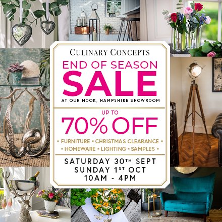Our Showroom Sample SALE Event is back:Saturday 30th Sept &amp; Sunday 1st Oct: 10am - 4pm. SAVE up to 70% off  Furniture and Homeware Samples, explore our NEW Treasure Tent where everything will be under £99! culinaryconcepts.co.uk/showroom #homedecor #Deals #furniture #shopping