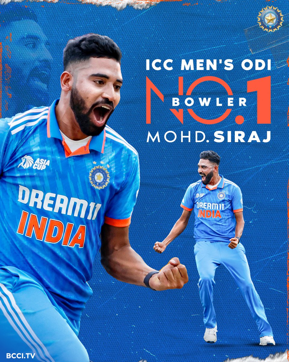 BCCI's tweet photo. Back to the 🔝

Congratulations to @mdsirajofficial on becoming the No.1️⃣ ranked bowler in ICC Men's ODI Bowler Rankings 👏👏

#TeamIndia https://t.co/ozlGmvG3U0