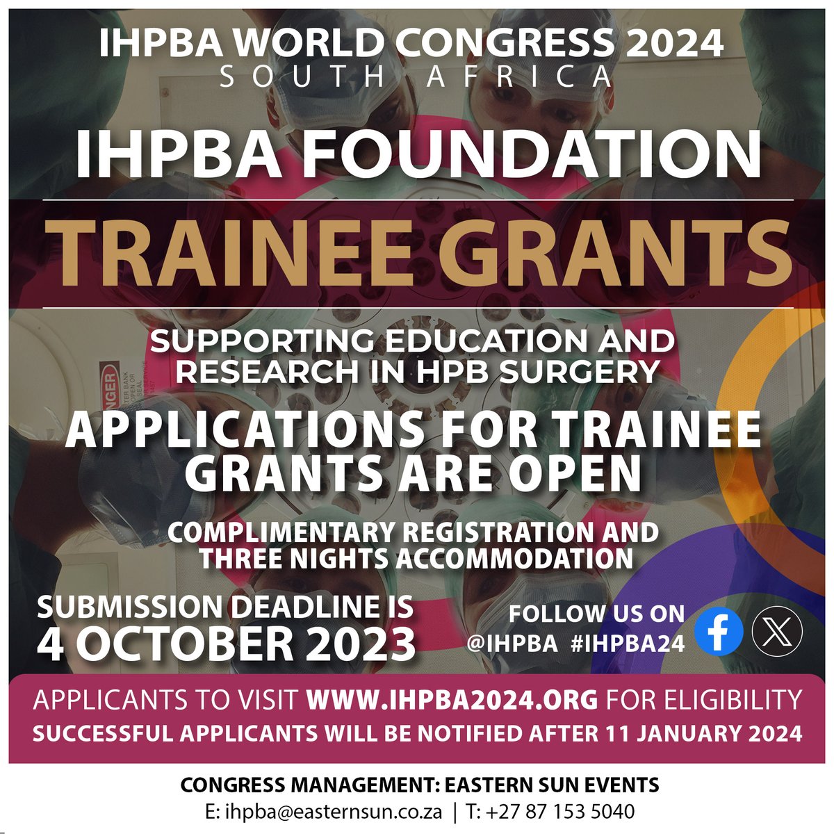 IHPBA's tweet photo. 20 Trainee member grants available for #IHPBA24
Each grant covers a free registration and 3 nights accommodaiton. 
All trainee members who have submitted an abstract are eligible. 
Application Deadline: 4 Oct 2023
https://t.co/YzDhU6qzr1
@EAHPBA @AHPBA #ECGIHPBA @HalletJulie https://t.co/dijRfDM5hq