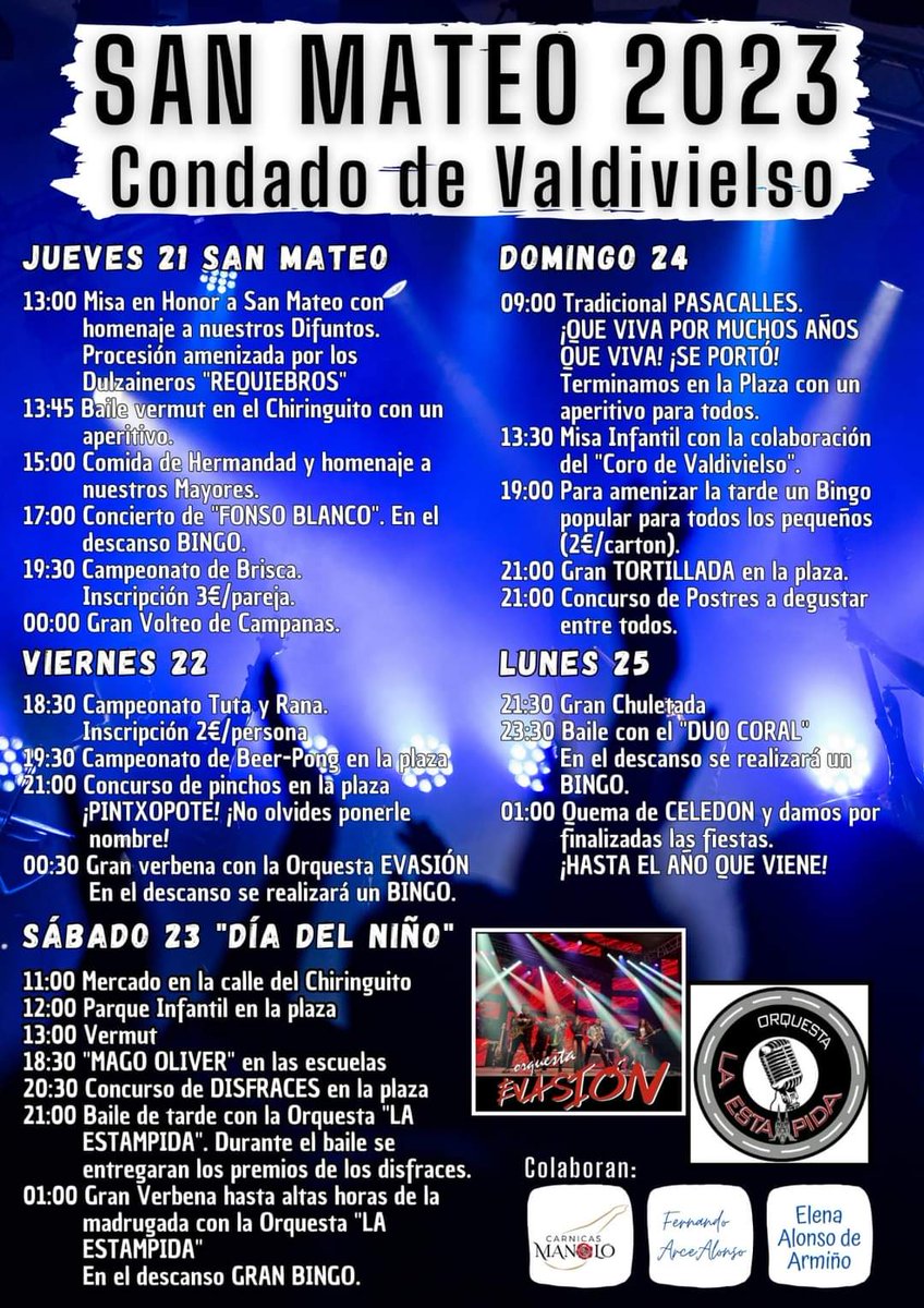 🎉 Fiestas de San Mateo 2023 🎉

📆 Del jueves 21 al domingo 24 de septiembre 
🧭 Condado de Valdivielso

#condadodevaldivielso #Merindades #fiestaspopulares #fiestas2023 #FiestasPatronales2023