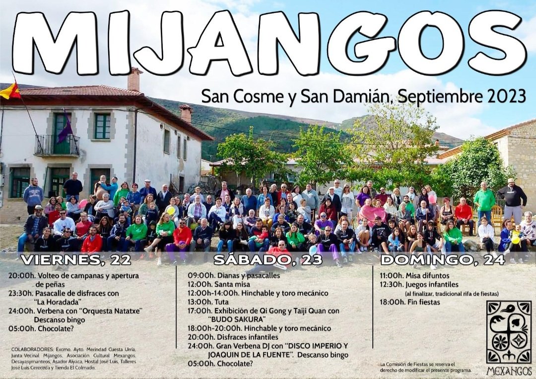 🎉 Fiestas de San Cosme y San Damian 🎉

📆 Del viernes 22 al domingo 24 de septiembre 
🧭 Mijangos

#Merindades #mijangos #merindaddecuestaurria #FiestasPatronales2023 #fiestas2023 #fiestasdepueblo