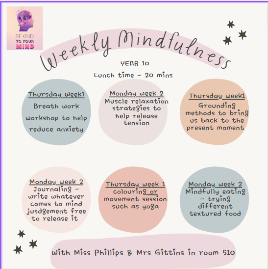 khs_aid's tweet photo. Year 10 mindfulness session tomorrow is breath work 🫁- come along to room 510 at lunch time. It's a safe, judgment free zone.
Lets reduce our stresses and anxiety together. 
If you fancy any of the other sessions just pop along to room 510 with Miss Phillips 😊 https://t.co/OGcBBR94ay