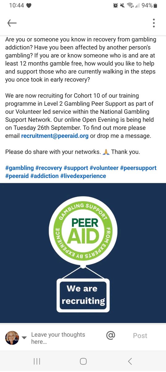 Something very close to my heart. If you have been affected by Gambling Harms and wish to now help others whilst gaining a qualification, please apply. #peeraid #support #gamblingharms 💙♥️💛