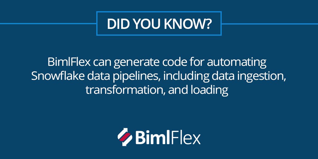 BimlScript's tweet image. Did you know #BimlFlex can generate code for automating #Snowflake data pipelines, including data ingestion, transformation, and loading? #biml