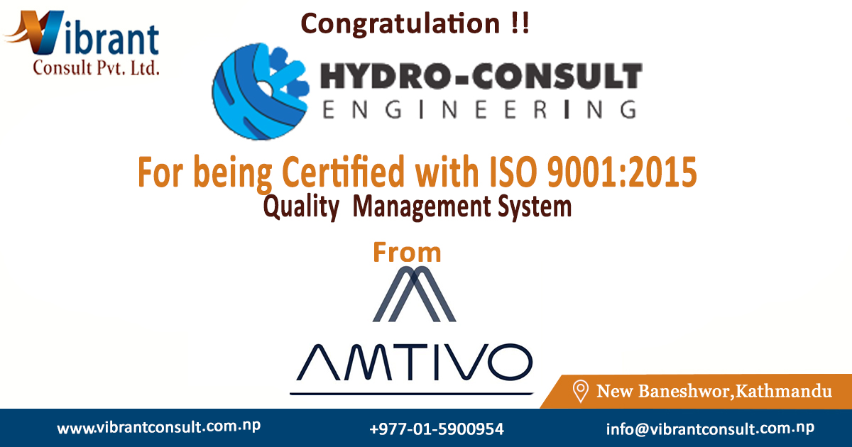 Congratulations to our client <a href="/hydro_consult/">Hydro Consult Engineering Limited</a> for being certified with ISO 9001:2015 Quality Management System. It is our great pleasure to work with <a href="/hydro_consult/">Hydro Consult Engineering Limited</a> as a consulting partner for the documentation and implementation of ISO 9001:2015
#ISO9001 #QMS
#VibrantConsult