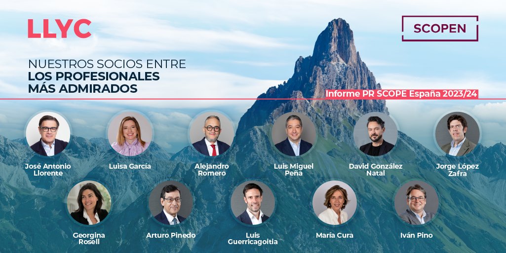 LLYC_Global's tweet photo. Nuestros socios están entre los profesionales más admirados según el informe #PRSCOPE ESPAÑA 2023/24 de @SCOPEN_es #TalentoLLYC #SomosLLYC 👉 https://t.co/E03mBL3VsL https://t.co/uKAn36Wmtu