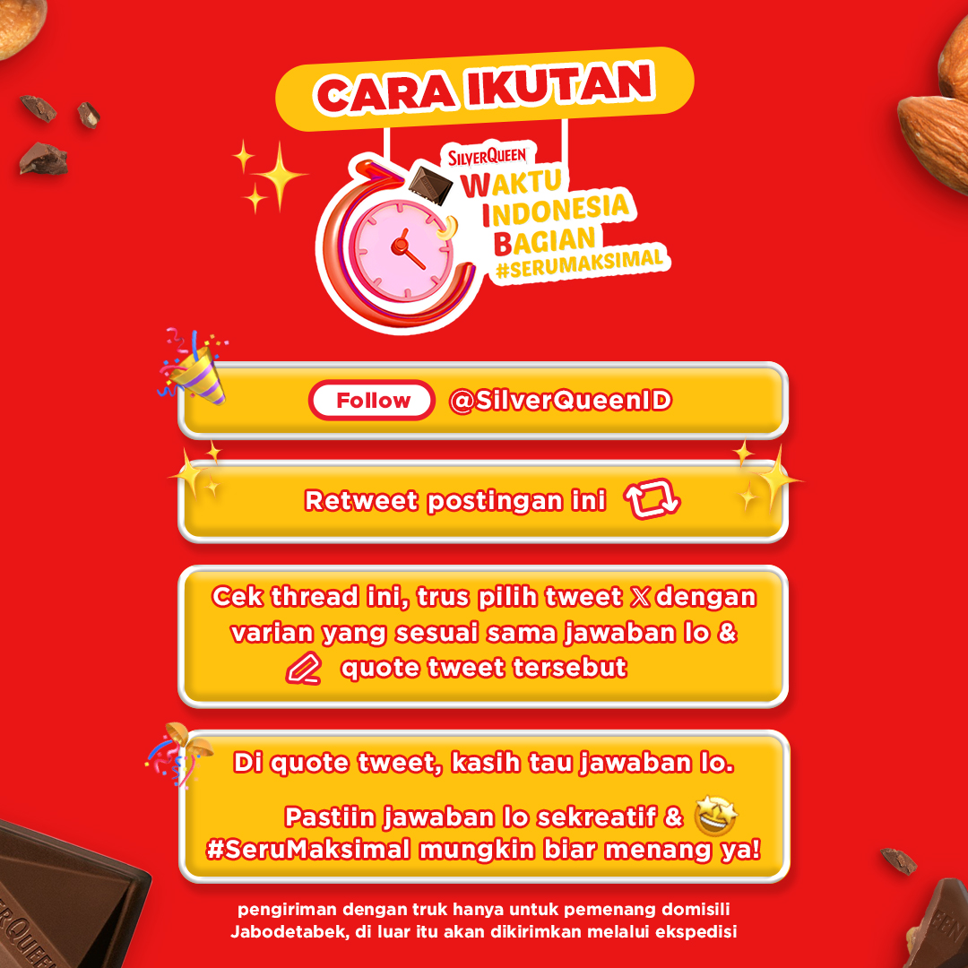 SilverQueenID's tweet photo. Waktu Indonesia Bagian #SeruMaksimal DIMULAI!!

Jawab pertanyaan di bawah ini ya 👇

Varian SilverQueen apa yang terakhir lo makan?

Simak thread varian di bawah ini di jam 17.00-18.00. https://t.co/QtEQUbxO3j