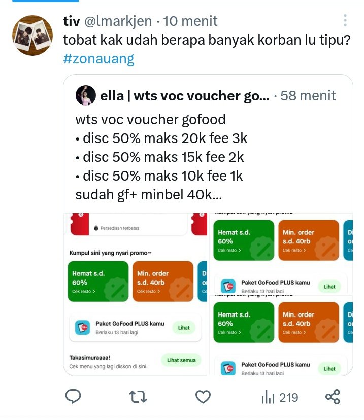 lmarkjen's tweet photo. SCAMMER VOC GOFOOD 

hati2 jangan transaksi sama dia.
korbannya udah banyak cek aja 
@inisellaoke 

#zonauang https://t.co/ycSjN6Fh7z