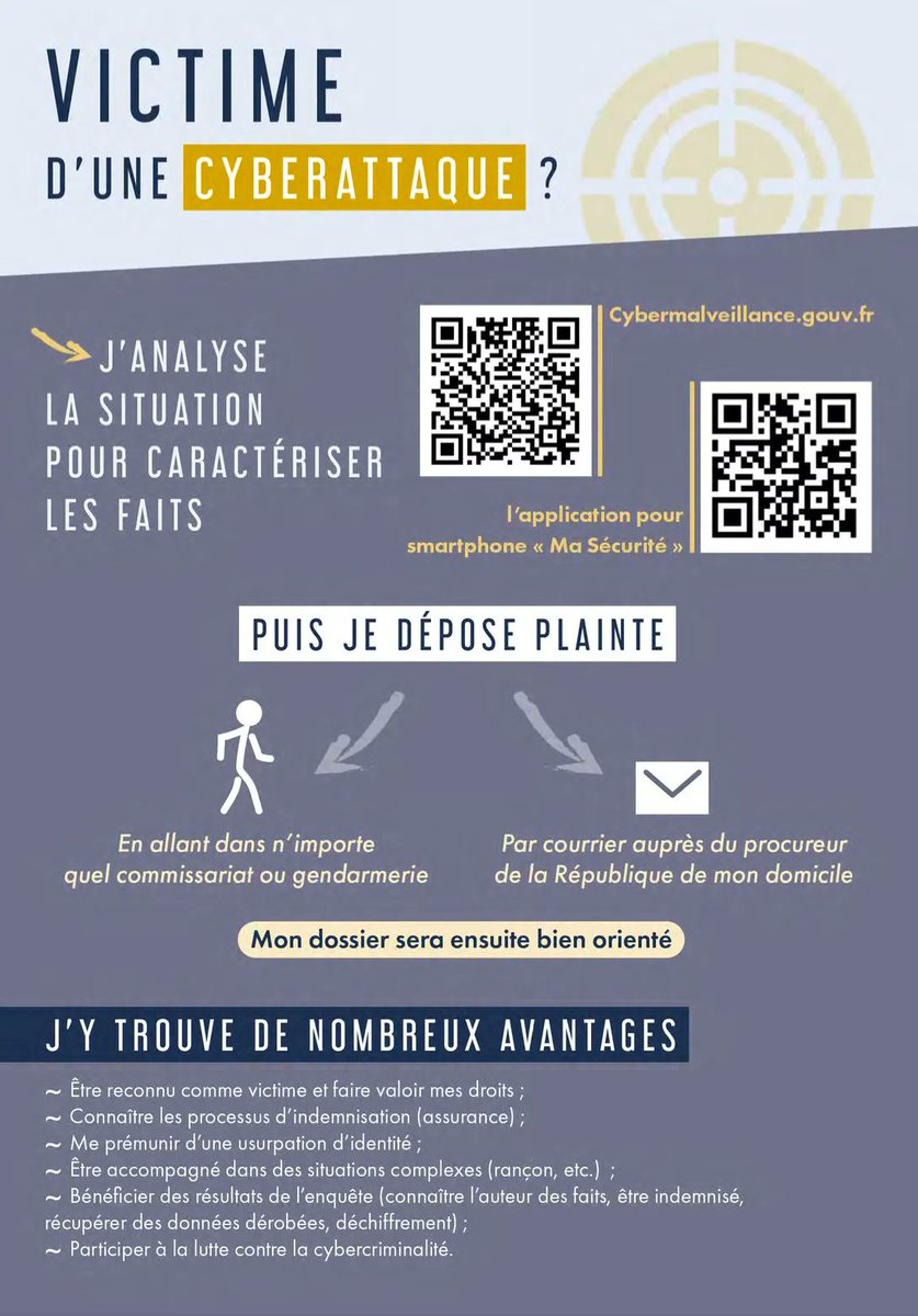 [Que faire ?] En cas d'attaque ? Face à la montée alarmante des cyberattaques et de leurs conséquences économiques et sociales, le Clusif s’est mobilisé pour créer une fiche pratique à destination des particuliers et des professionnels. 
clusif.fr/publications/c…