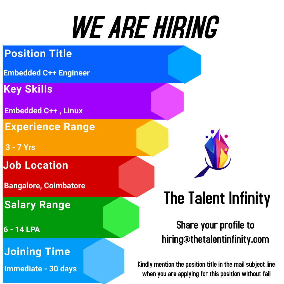 TalentInfinity2's tweet photo. #EmbeddedCplusplus #Linux #jobs #wearehiring #TalentInfinity #hiringtalent #hiringteam #recuitment #recuitmentalert #openings #jobopportunities #jobopenings #jobsalert #Talentacquisition #hiring #jobsearch #careeropportunities #jobvacancy #careeradvice #employment #jobhunt https://t.co/50Arxfd5mZ