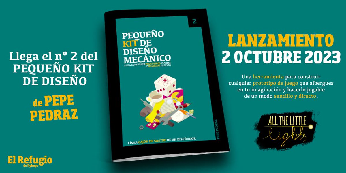 📣📣 Tras el «Pequeño kit de diseño narrativo», que va por su 3a edición, <a href="/pepepedraz/">Pepe Pedraz 💡</a> y <a href="/EstudioAtLL/">Estudio AtLL</a> nos traen #PequeñoKitdeDiseñoMecanico ➡️ Una herramienta que te ayudará a construir cualquier prototipo de juego que tengas en la recámara. 🚀 #Lanzamiento ¡El lunes 2 de octubre!