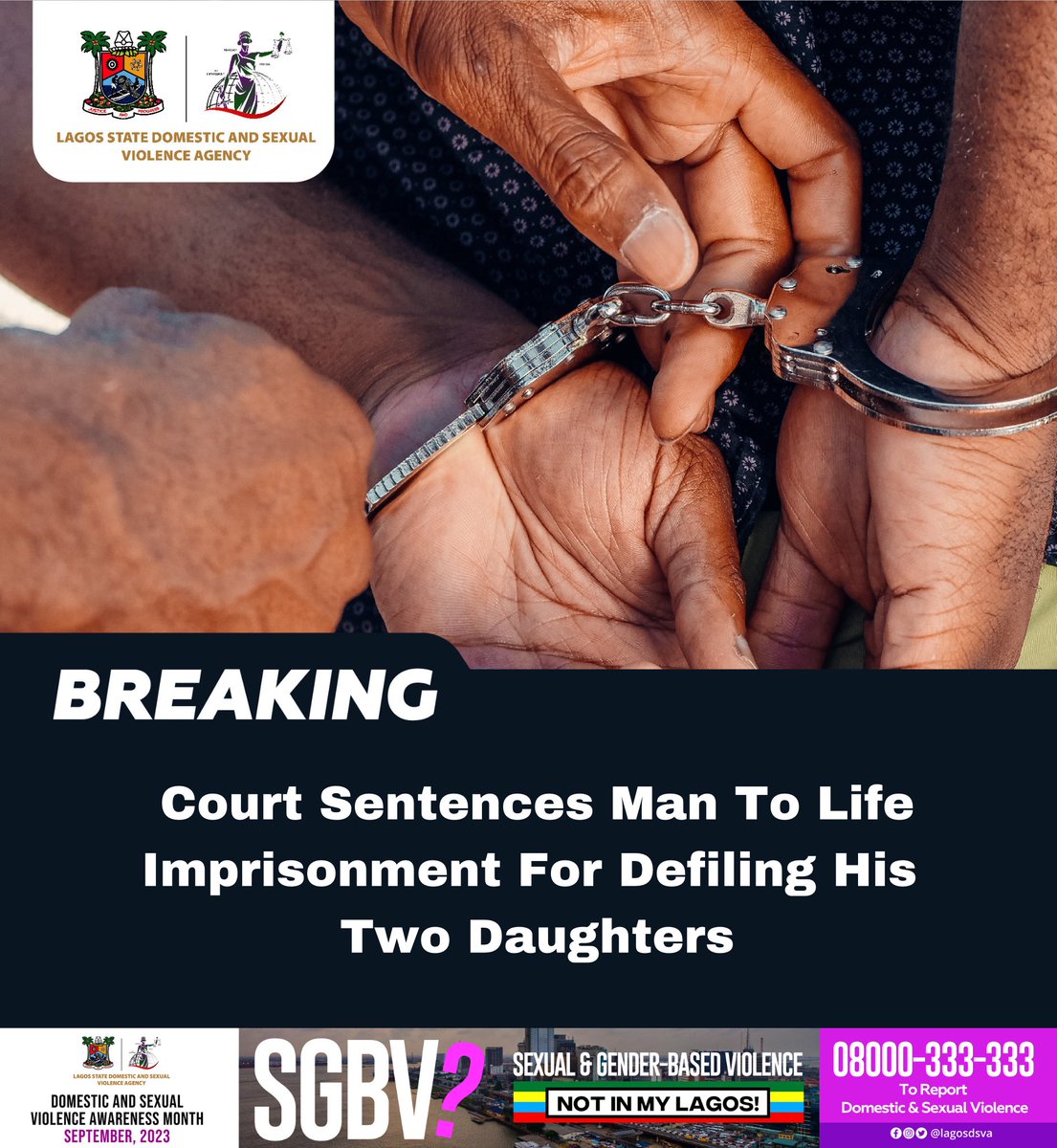 JUSTICE HAS BEEN SERVED ⚖️

The Lagos State Sexual Offences and Domestic Violence Court sitting in Ikeja has sentenced a 59-year-old artisan, Eze Chukwuma, to life imprisonment for defiling his two daughters for nine years.

His name will registered in the Sexual Offenders