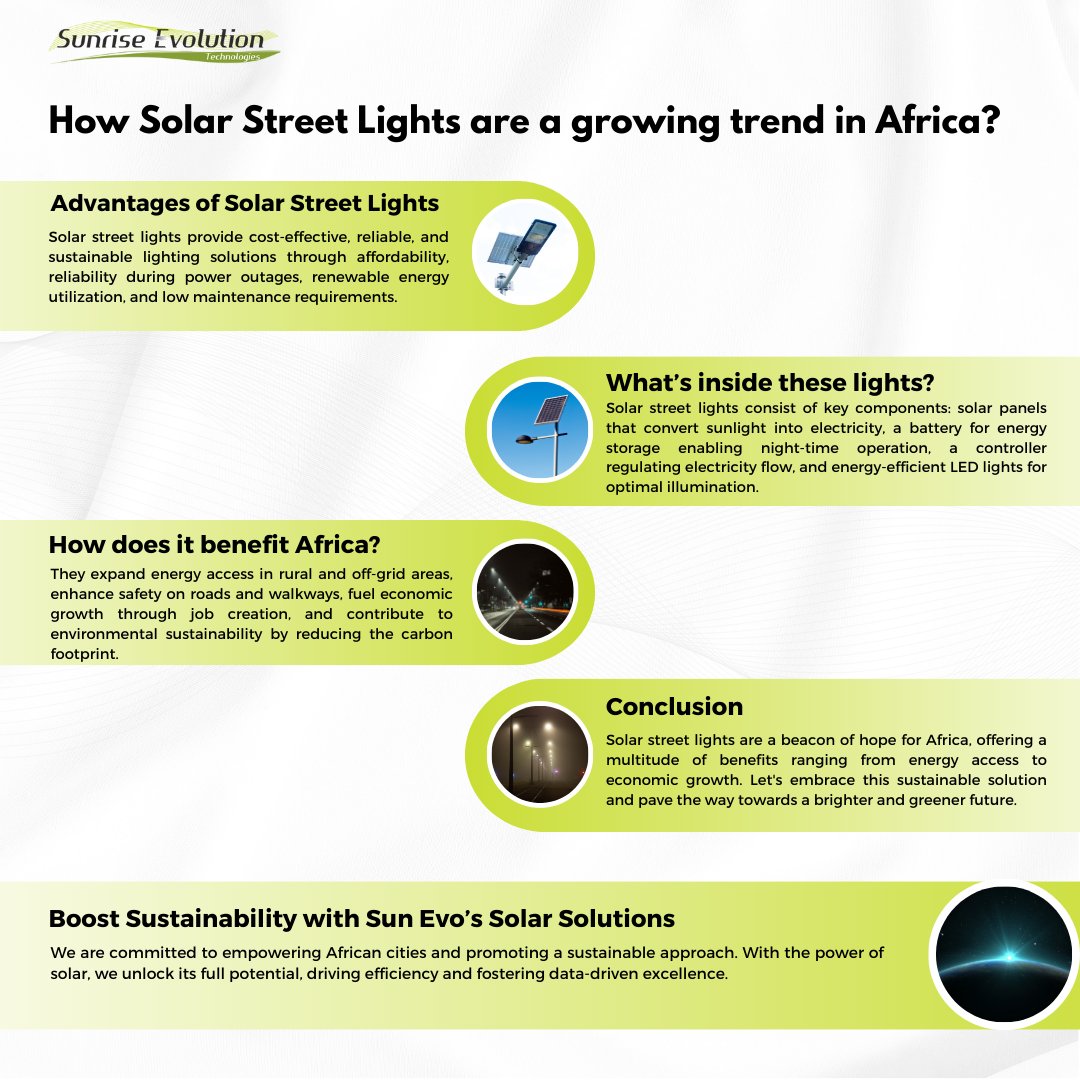 SunEvoTech's tweet photo. 🌞 How Solar Street Lights are Illuminating Africa's Future? 🌍

From cost-efficiency to community empowerment, solar street lights are lighting the way to a sustainable Africa.💡

#solarenergy #solarstreetlight #sustainableafrica #sunenergy https://t.co/4Wq6X4Rk6b