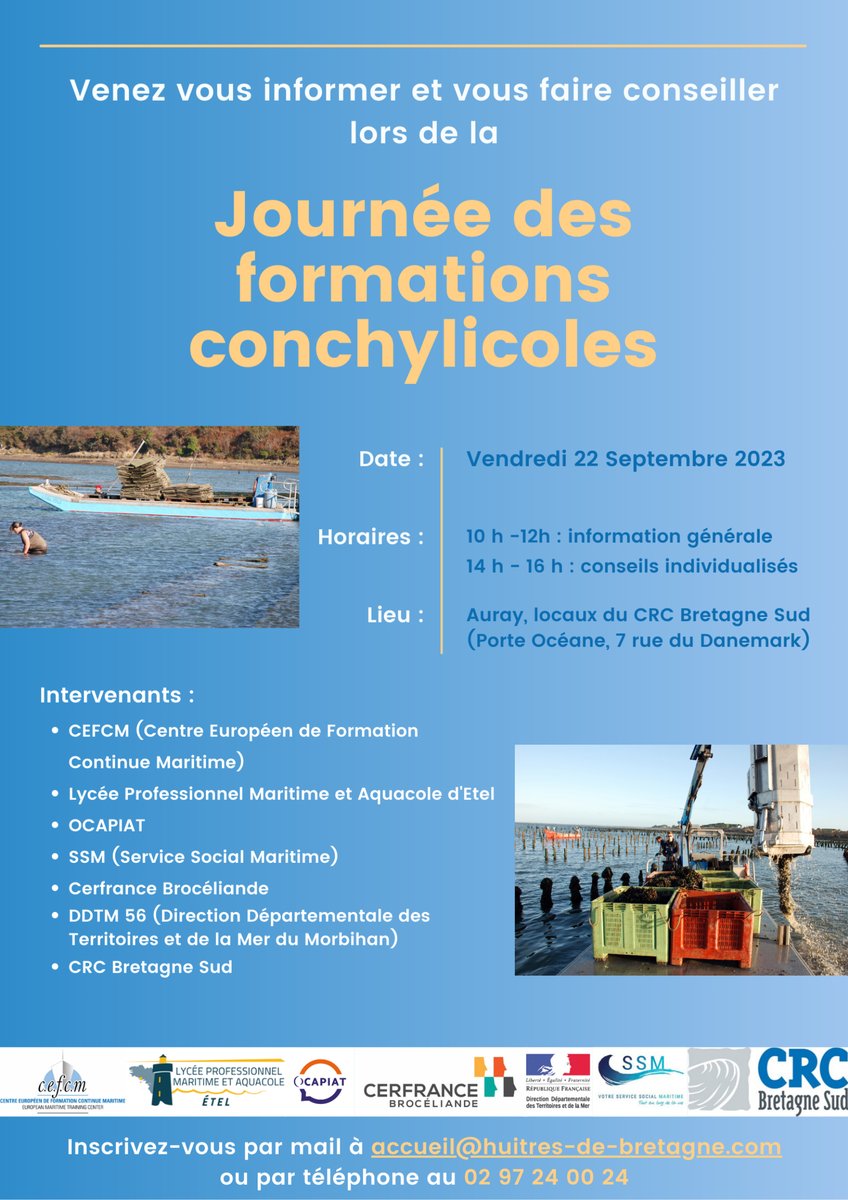 Le CEFCM participe à la journée des formations conchylicoles le 22.09 à partir de 10h.
Venez nous retrouver sur notre stand pour échanger sur nos formations en cultures marines (marin ouvrier, patron, préparation stage en cultures marines ou encore BTSA Aquaculture).
À bientôt !