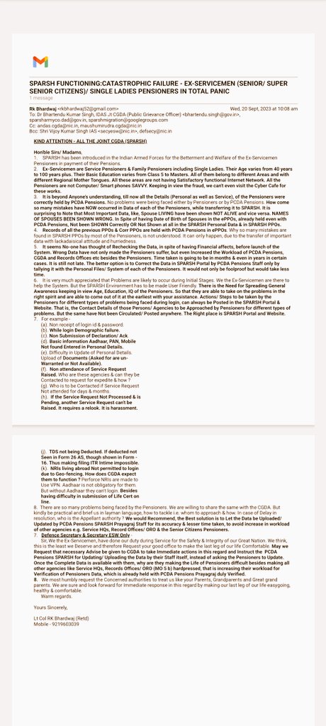 RajKuma35152604's tweet photo. @narendramodi @rajnathsingh @giridhararamane @secyesw @DefenceAccounts @adgpi @PcdaPensions #SPARSH 1/4 Refer today's email pasted here. Complete Data of Pensioners already held with PCDA Pensions. Same transferred to SPARSH by them on Migration. Why should there be Any mistakes? https://t.co/NNzNNePm3K