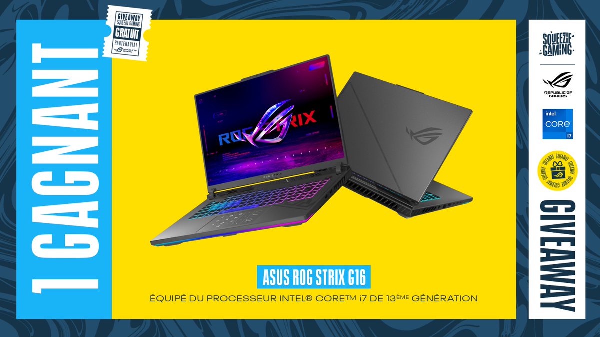 Squeezie Industries (@squeezietv) on Twitter photo On lance un giveaway pour vous faire gagner un Asus ROG Strix G16, équipé d'un Intel Core i7 ! 🤩
Pour participer :
🔁 #RT le tweet
⏩ Follow <a href="/SqueezieTV/">Squeezie Industries</a>, <a href="/ASUS_ROG_FR/">ROG France</a> & <a href="/IntelFrance/">Intel France</a>
TAS le 27/09, bonne chance à tous 🍀 On lance un giveaway pour vous faire gagner un Asus ROG Strix G16, équipé d'un Intel Core i7 ! 🤩
Pour participer :
🔁 #RT le tweet
⏩ Follow <a href="/SqueezieTV/">Squeezie Industries</a>, <a href="/ASUS_ROG_FR/">ROG France</a> & <a href="/IntelFrance/">Intel France</a>
TAS le 27/09, bonne chance à tous 🍀