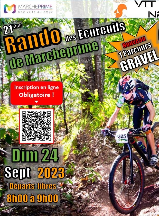 Ce dimanche 24 septembre aura lieu la randonnée #vtt et #gravel du club cyclo des Ecureuils de Marcheprime. 🚵
3 parcours VTT et 1 dédié au gravel seront proposés au choix, ainsi que 2 parcours de randonnée pédestre !
Infos et inscription sur cette page : helloasso.com/associations/v…