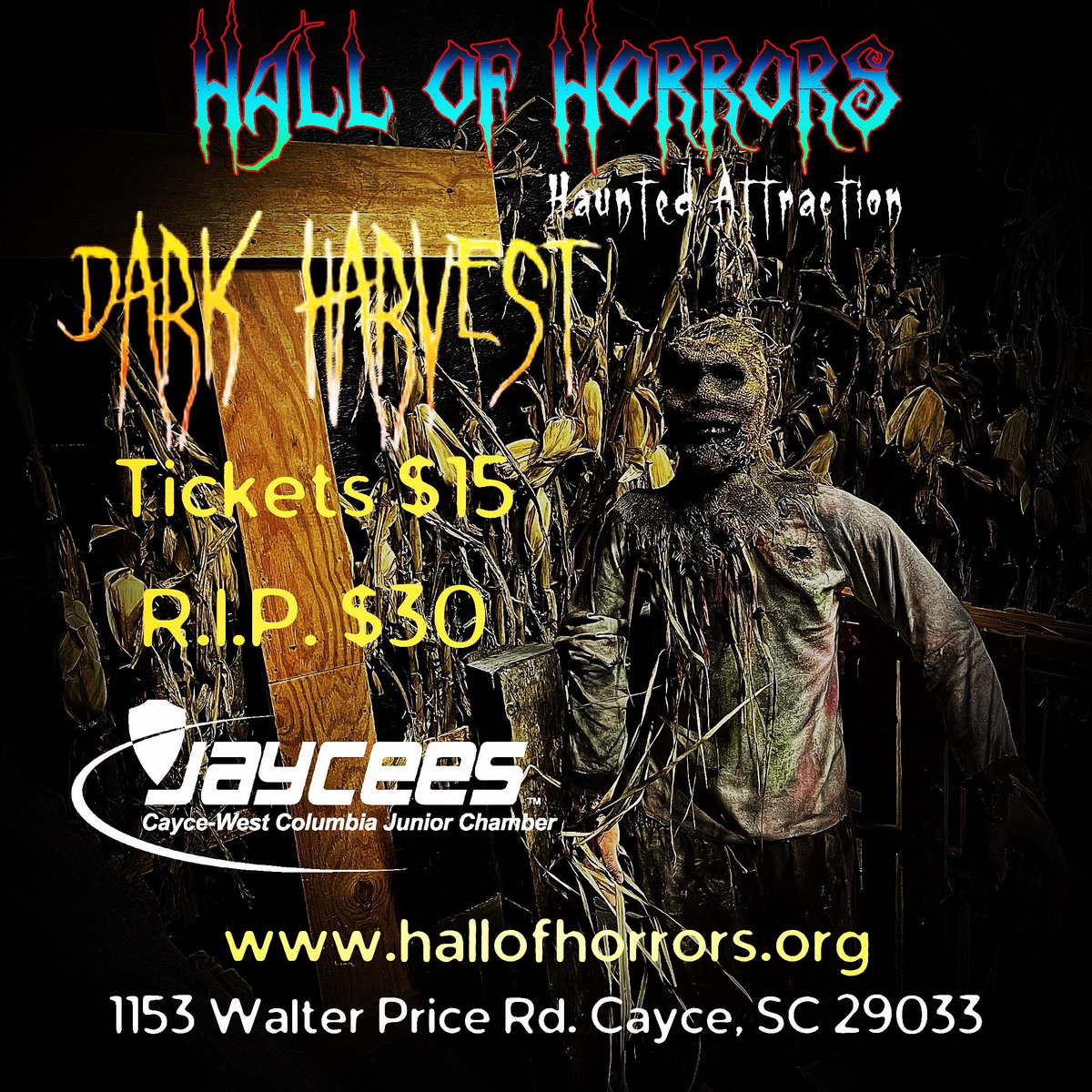 HallofHorrors's tweet photo. Hall of Horrors Haunted Attraction returns Friday, Sept 29th @ 8pm with 15 nights of terror with an all new haunt: Dark Harvest. 

Come experience the HOTTEST haunted attraction in the Midlands! We can’t wait to hear you SCREAM!

Info, dates, &amp; times:
https://t.co/ubwIyTKxVX https://t.co/XrAqTSHgVN