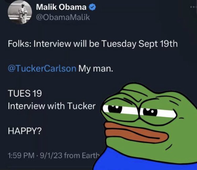 matty7who's tweet photo. @ObamaMalik No interview with tucker then? https://t.co/RWPxyUaXfx