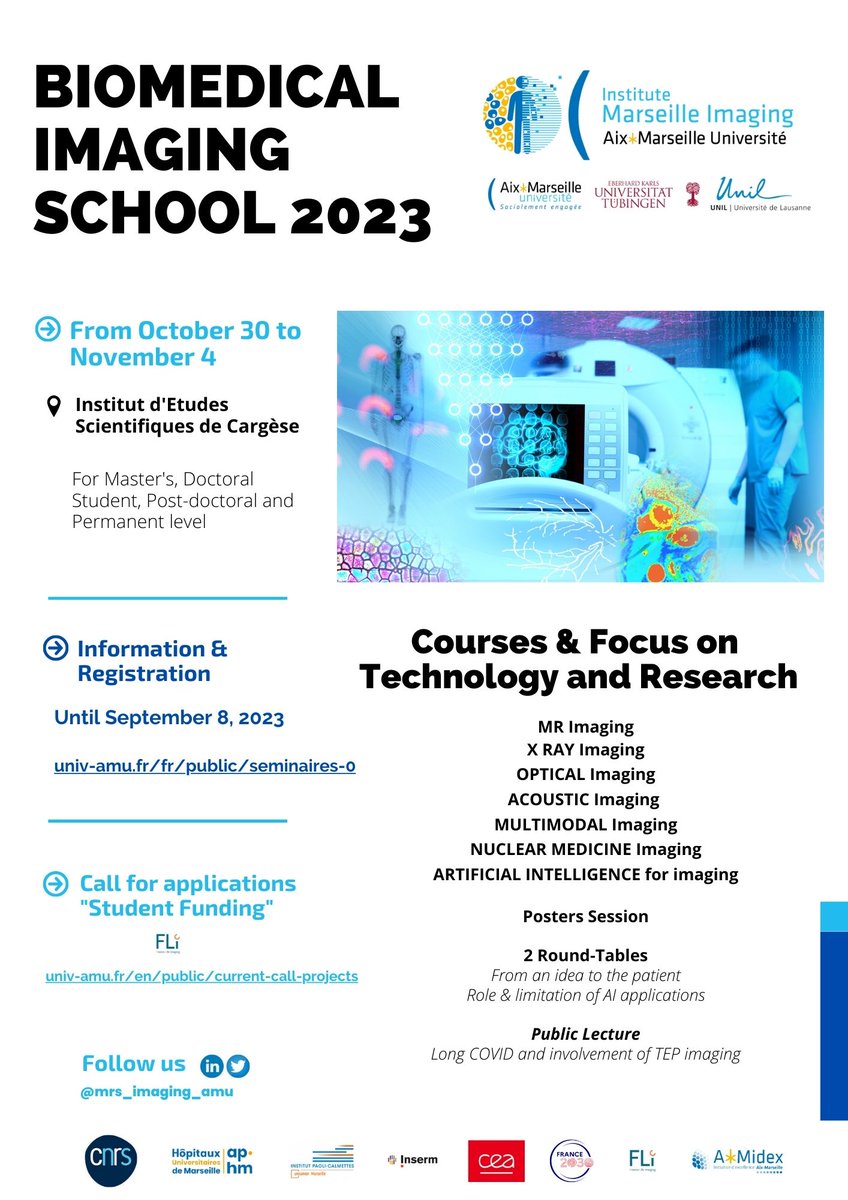 I  REGISTER NOW  I
#Biomedical #Imaging School - For Master's, PhD student, Postdoc &amp; researchers
📍at IESC Cargèse
📅From 29/10 to 04/11/23
👉Program &amp; Registration on  univ-amu.fr/en/public/semi…