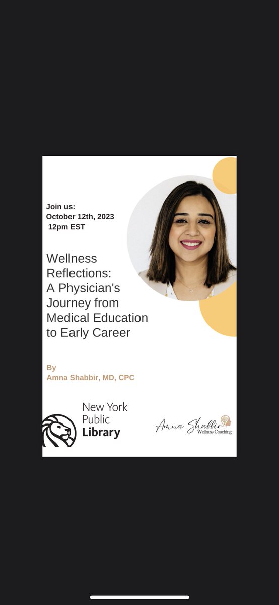 Amna Shabbir, MD, NBC-HWC, CPC (@ashabbirmd) on Twitter photo Honored to present at the New York Public Library <a href="/nypl/">NY Public Library</a> -Sharing my journey with reflections & tips on how to incorporate wellness in #MedEd
Free Registration: nypl.org/events/program…
<a href="/abbyWUim/">Abby Spencer, MD, MS, FACP</a> <a href="/FzsyedMd/">FZSyedMD</a> <a href="/anees_amna/">Amna Anees MD FACP</a> <a href="/NCACPchapter/">NCACP</a> <a href="/DukeGeriatrics/">Duke Geriatrics</a> <a href="/CCF_IMCHIEFS/">Cleveland Clinic IM</a> #MedTwitter Honored to present at the New York Public Library <a href="/nypl/">NY Public Library</a> -Sharing my journey with reflections & tips on how to incorporate wellness in #MedEd
Free Registration: nypl.org/events/program…
<a href="/abbyWUim/">Abby Spencer, MD, MS, FACP</a> <a href="/FzsyedMd/">FZSyedMD</a> <a href="/anees_amna/">Amna Anees MD FACP</a> <a href="/NCACPchapter/">NCACP</a> <a href="/DukeGeriatrics/">Duke Geriatrics</a> <a href="/CCF_IMCHIEFS/">Cleveland Clinic IM</a> #MedTwitter