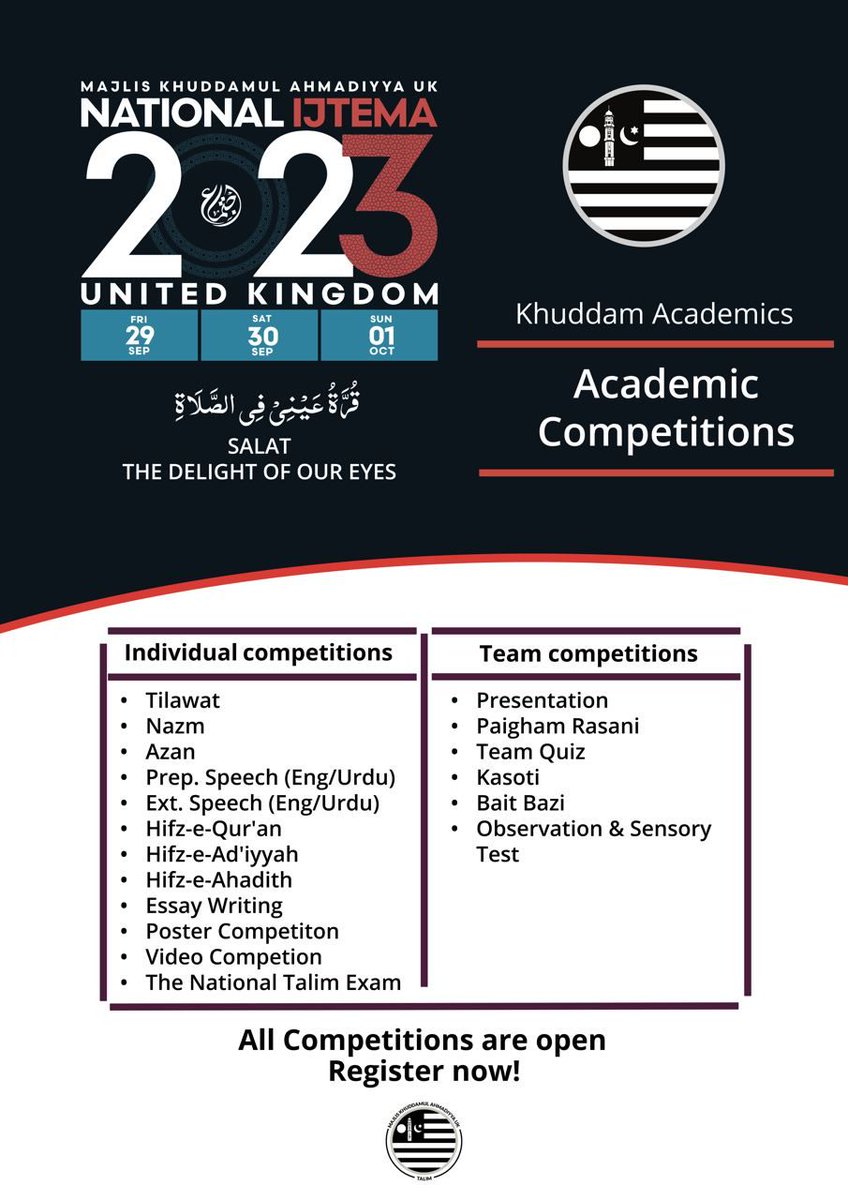 🏆Take part in various individual and team academic competitions at this year's National Ijtema

Tilawat | Nazm | Azan | Prepared Speech | Team Quiz | Bait Bazi ...

To take part, register now: forms.office.com/e/7yNnyVuVL1

For the syllabus and rules see: ijtema.org.uk/wp-content/upl…