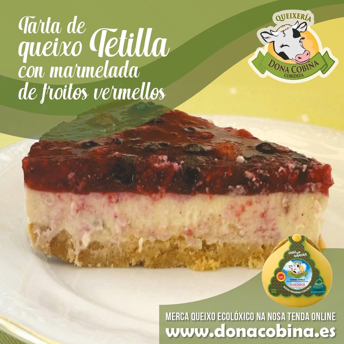 Disfruta connosco desta deliciosa receita de tarta de queixo Tetilla con marmelada de froitos vermellos!

Receita: bit.ly/3rib16x

✅ Merca o teu queixo ecolóxico na nosa tenda online: donacobina.es