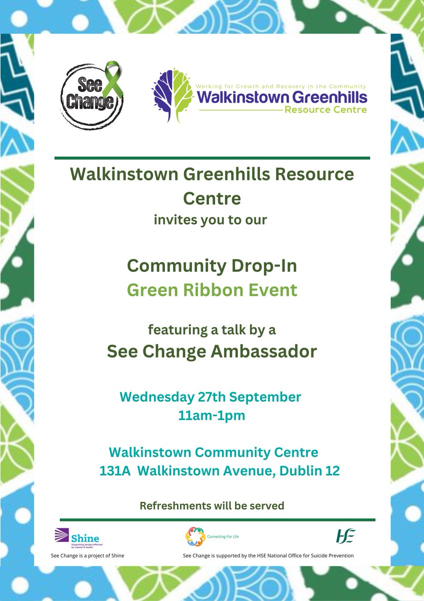 WGRC_D12's tweet photo. The See Change Green Ribbon campaign aims to spread awareness about mental health to help end mental health stigma and discrimination.
We are having a community drop in event on Wednesday 27th September, 11am - 1pm in the Walkinstown Community Centre with a See Change ambassador. https://t.co/9xIpk76yCO