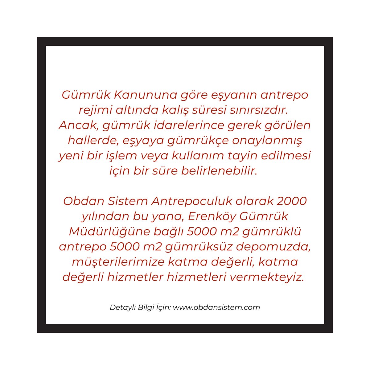 Gümrük Kanununa göre eşyanın antrepo rejimi altında kalış süresi sınırsızdır.

Detaylı Bilgi İçin: obdansistem.com

#obdansistem #gümrükleme #gümrükmüşavirliği #antrepo