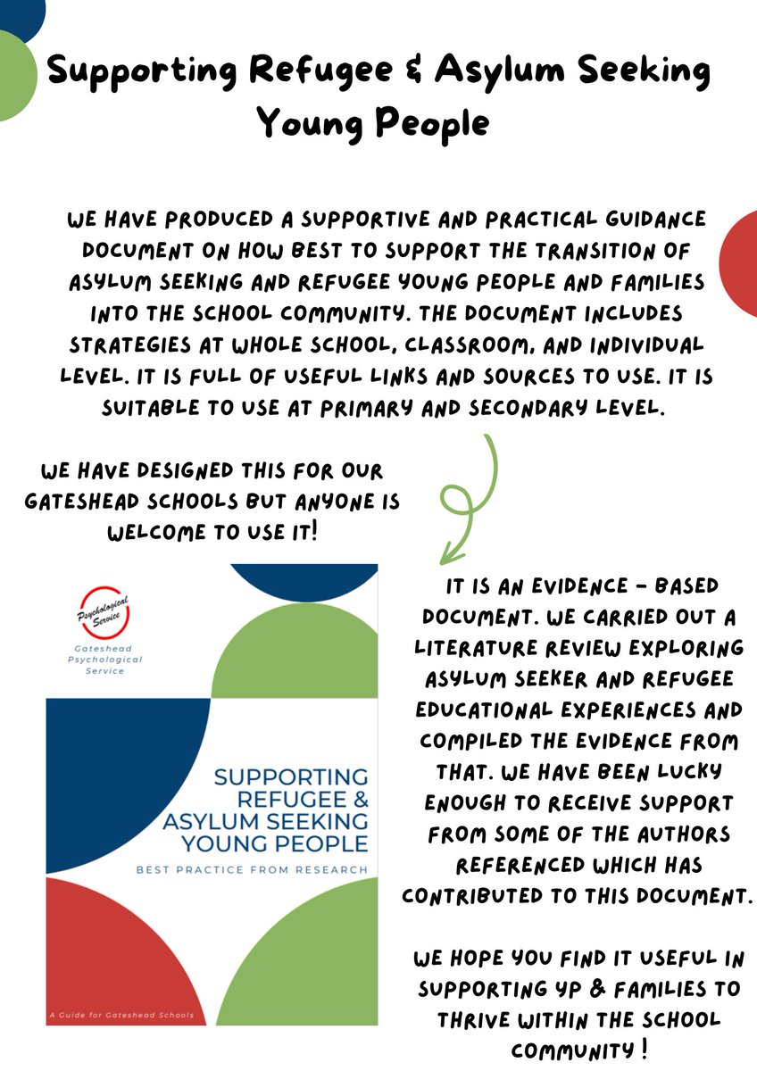 Our Assistant EPs have developed evidence based guidance to support Refugee &amp; Asylum Seeking YP in school. See more information in the graphic below. Please check it out, share it and take what you need from it educationgateshead.org/wp-content/upl…