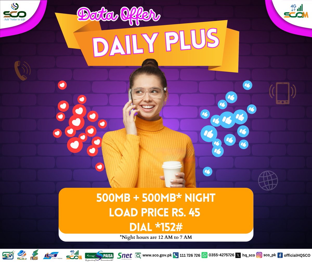 hq_sco's tweet photo. Stay connected day and night with our amazing offer 📱 
Get 500MB data + an additional 500MB* for your late-night browsing, all for just Rs. 45. 
Dial *152# 🌙 
#dailydataoffer #stayconnected #SCOM #mobilepackages #4G #DigitalPakistan #AJK #GB #gilgitbaltistan #ActivateNow #Subscribe #connected