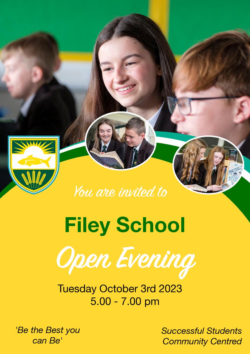 📢Tuesday 3rd October is our Open Evening📢

If you are the parent or carer of a year 5 or 6 student in the local area we would love you to come and see our school. 

Please share with any family or friends that may be interested.
#Filey #FileySchool #proud