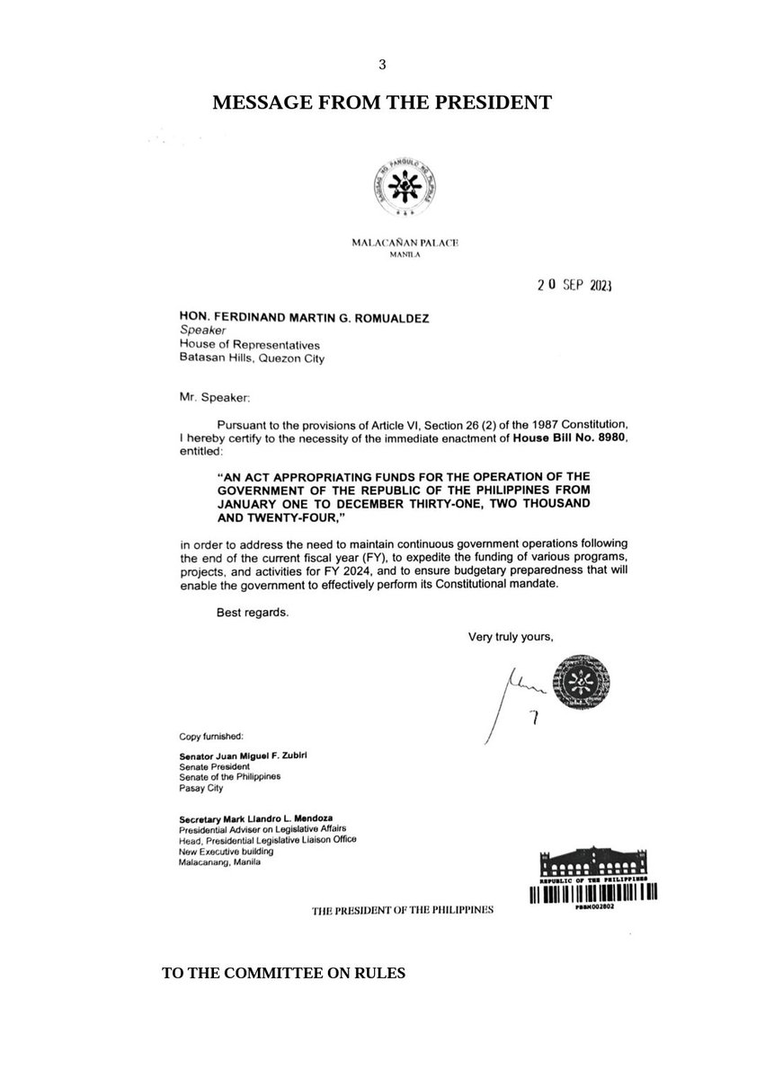 inquirerdotnet's tweet photo. JUST IN: President Ferdinand Marcos Jr. certifies House Bill 8980 or 2024 General Appropriations Bll as urgent legislation. | @JMAurelioINQ /PDI https://t.co/y8vhaZ5FjT