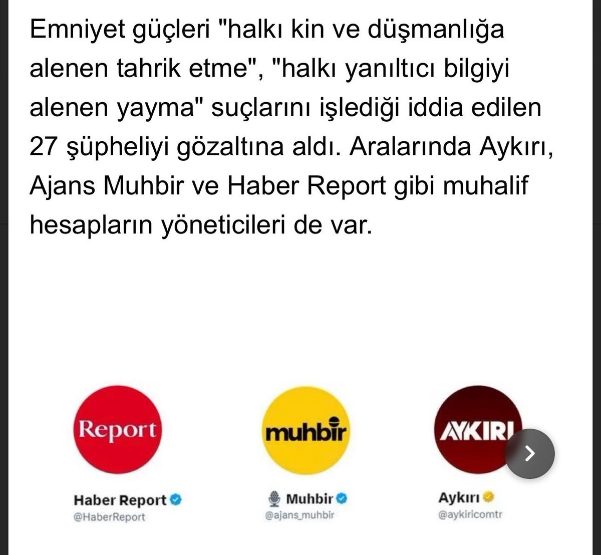 Sosyal Medya üzerinden yalan ve iftiralarla 5.kol faaliyeti yürüten “Aykırı” adlı sayfanın Genel yayın yönetmeni Batuhan Çolak ve 27 provokatör haber sitesi ve sayfanın sahipleri bu sabah gözaltına alındı.

*
Anlamı:
Devlet bazen ölü taklidi yapar. Sen zannedersin ki devlet yok,