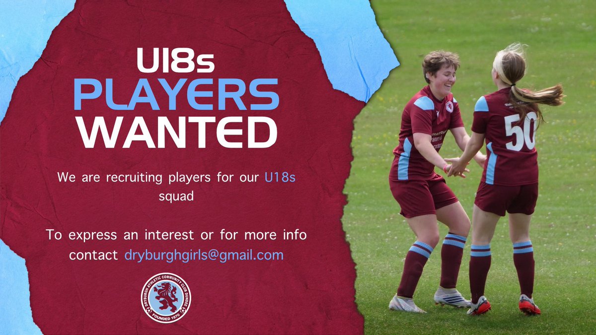 We are recruiting players for our U18s side NOW

⚽️ 2 sessions per week with SFA qualified Coaches

👚Match kit &amp; Training kit supplied

👣 We also offer a pathway to our <a href="/SWFChampionship/">Barclays Scottish Women's Championship</a> &amp; @BiffaSWFL sides

To enquire - 📧 dryburghgirls@gmail.com or DM us