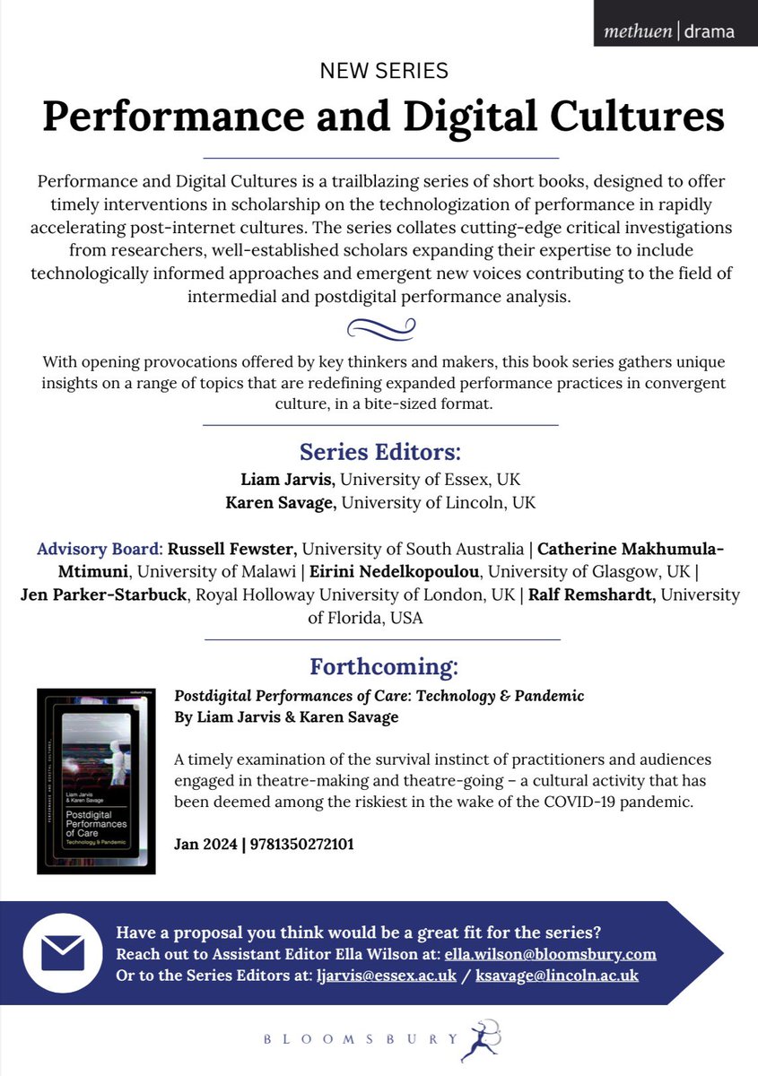 Liam Jarvis (@liamjarvis) on Twitter photo Are you a researcher with an interest in performance, the arts & digital cultures? We are now accepting proposals for the new #PerformanceAndDigitalCultures short-form book series with <a href="/MethuenDrama/">Methuen Drama</a> Deadline: 24 Nov. 2023. Info below: Are you a researcher with an interest in performance, the arts & digital cultures? We are now accepting proposals for the new #PerformanceAndDigitalCultures short-form book series with <a href="/MethuenDrama/">Methuen Drama</a> Deadline: 24 Nov. 2023. Info below: