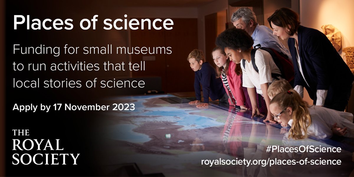 We are happy to announce the opening of the Royal Society's #PlacesOfScience scheme for this year. The scheme, aimed at small museums across the UK, provides up to £3,500 to fund projects that engage and inspire communities with local science stories. royalsociety.org/news/2023/09/p…