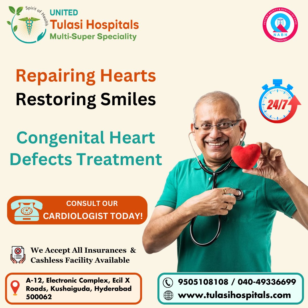 At our specialized center, United Tulasi Hospitals are dedicated to repairing hearts and restoring smiles through advanced treatment for Congenital Heart Defects.

Call : 040 49336699 / 09505108108
Visit : tulasihospitals.com/cardiology.html

#CongenitalHeartDefects #Cardiology #HeartDisease