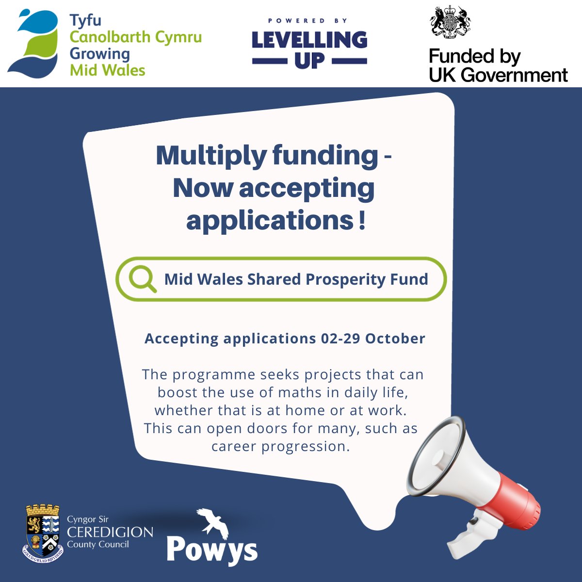 Projects operating in the Local Authority areas of Ceredigion and Powys can now apply for the Multiply funding programme, Mid Wales has a budget of £5 million. Go to the Growing Mid Wales website for more information on the funding calls👉 growingmid.wales/MidWalesUKSPF @UKGovWales