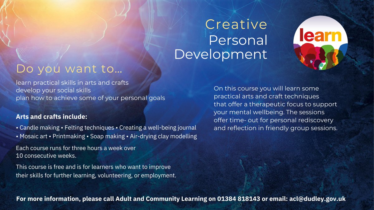 📢 We have two start dates available for our FREE! Creative Personal Development course! 🎨✨
This course is designed to help you explore the world of arts and crafts while discovering innovative ways to support your personal growth. 🌱🖌️
For more info, call 01384 818143.
#dudley