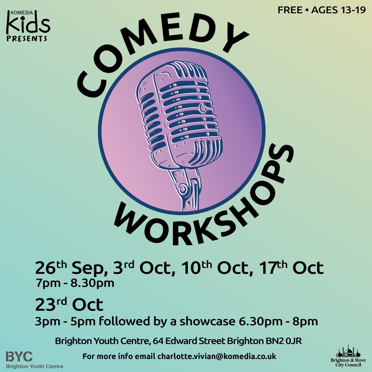 Join us <a href="/BtnYouth/">BrightonYouthCentre</a> from Tues 26th Sept for our free Comedy Workshop programme delivered by <a href="/TomVeryzer/">Tom Veryzer</a>.

Learn new skills, meet new people, develop your performance &amp; writing skills and most of all have a laugh. 

Sign up here: tinyurl.com/yc7y8hcj

Funded by <a href="/BrightonHoveCC/">Brighton & Hove City Council</a>