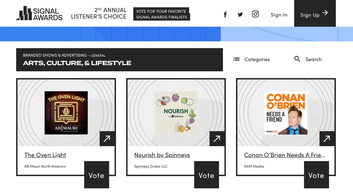 We’re excited to share that Nourish by <a href="/Spinneys_UAE/">Spinneys UAE</a> is a Branded Show finalist at the 2023 <a href="/signalawards/">Signal Awards</a>! 

If you’re enjoying the show, we’d love it if you can vote for us as the listener’s choice in both categories: vote.signalaward.com/PublicVoting#/…, where we’re delighted to share the