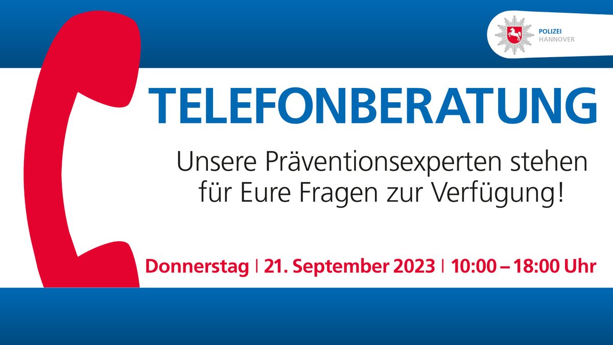 📞 Infotelefon für Bürgerinnen und Bürger 📞
Am morgigen Donnerstag stehen unsere Kollegen in der Zeit von 10:00 - 18:00 Uhr für Fragen zu unterschiedlichen Präventionsthemen zur Verfügung! 😊
⏰ 10:00 bis 18:00 Uhr
☎ 0511 109-1120
Weitere Infos 💻fcld.ly/3m2n5o1